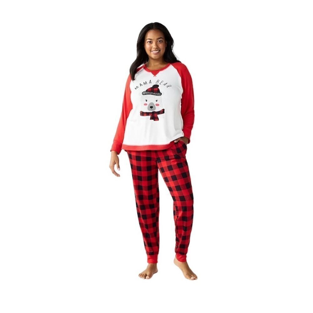 Cuddl Duds Womens Red Black Plaid Polar Bear Pajamas 2 Pc Sets Plus Size 2X New